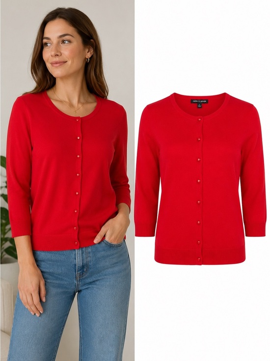 Cable & Gauge Sweaters - Cable & Gauge Red Lightweight Button Front Cardigan XL 3/4 Sleeve